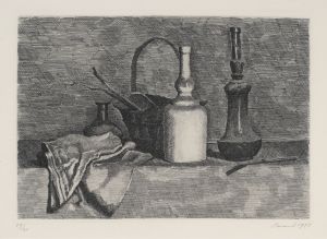Giorgio Morandi Natura morta con panneggio a sinistra, 1927 (V.inc.31) acquaforte su zinco Collezione privata
