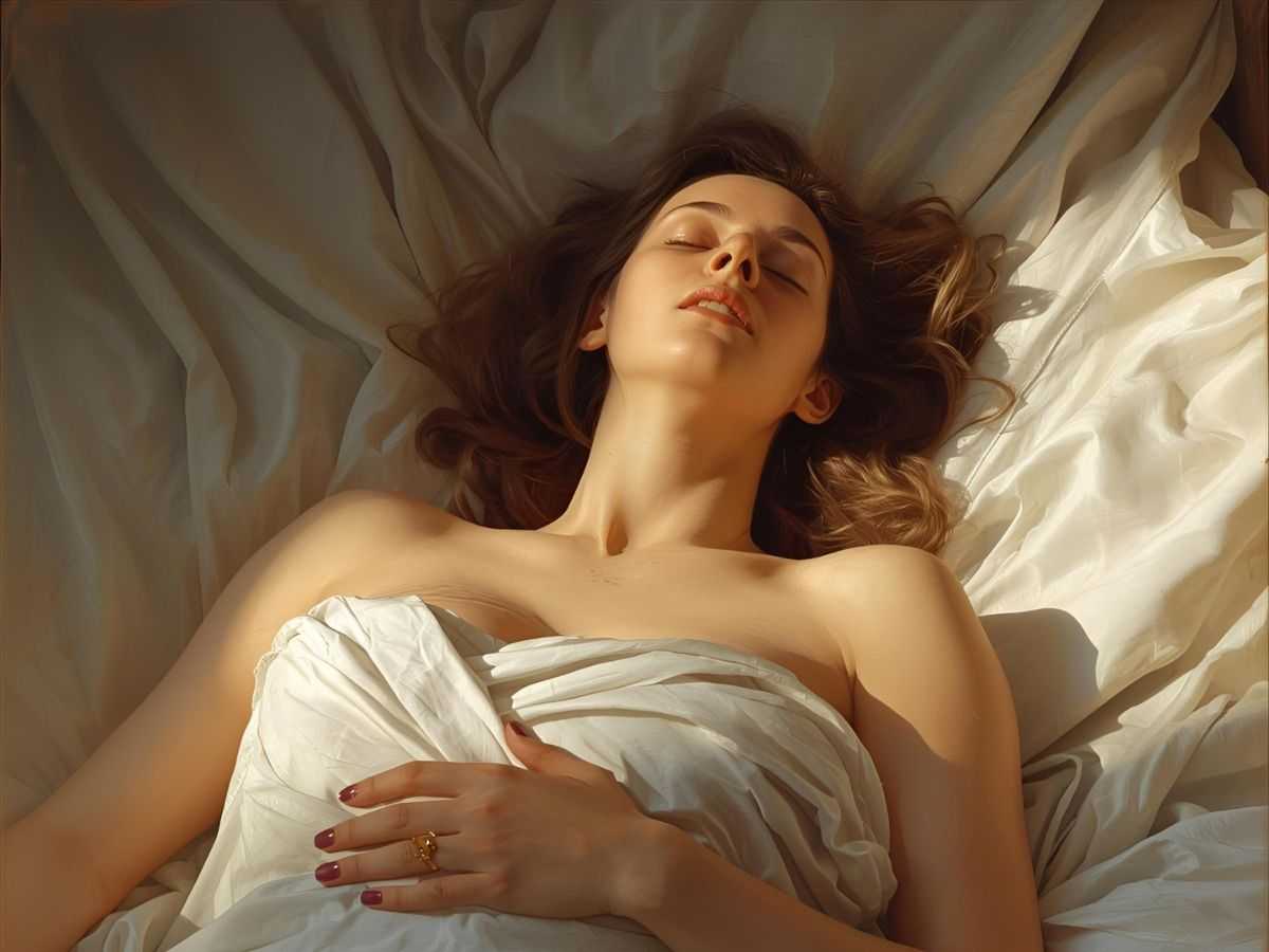 donna che prova piacere coperta da un lenzuolo