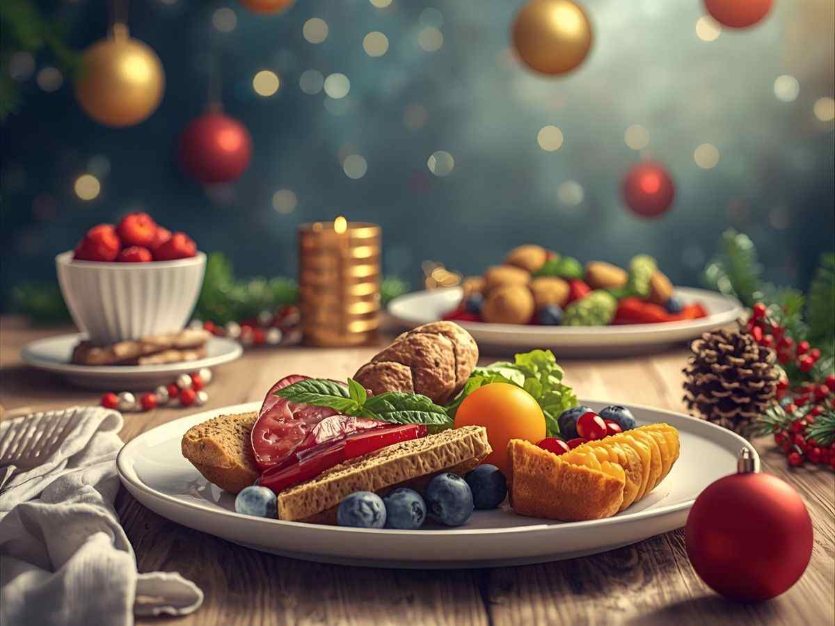 piatto di alimenti dietetici su una tavola imbandita per le feste di Natale
