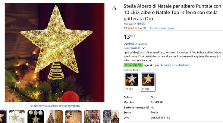 Screen Amazon della pagina prodotto di un puntale natalizio a forma di stella