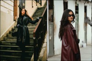 Collage due modelle con Trench in pelle: uno nero e l'altro bordeaux