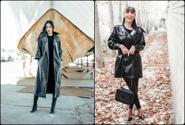 Collage da due foto, ragazze con trench in pelle nero: uno lungo, aperto e morbido; l'altro corto e legato in vita