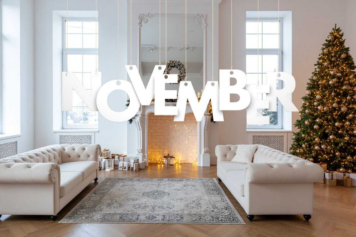 imponente soggiorno arredato per Natale e scritta novembre