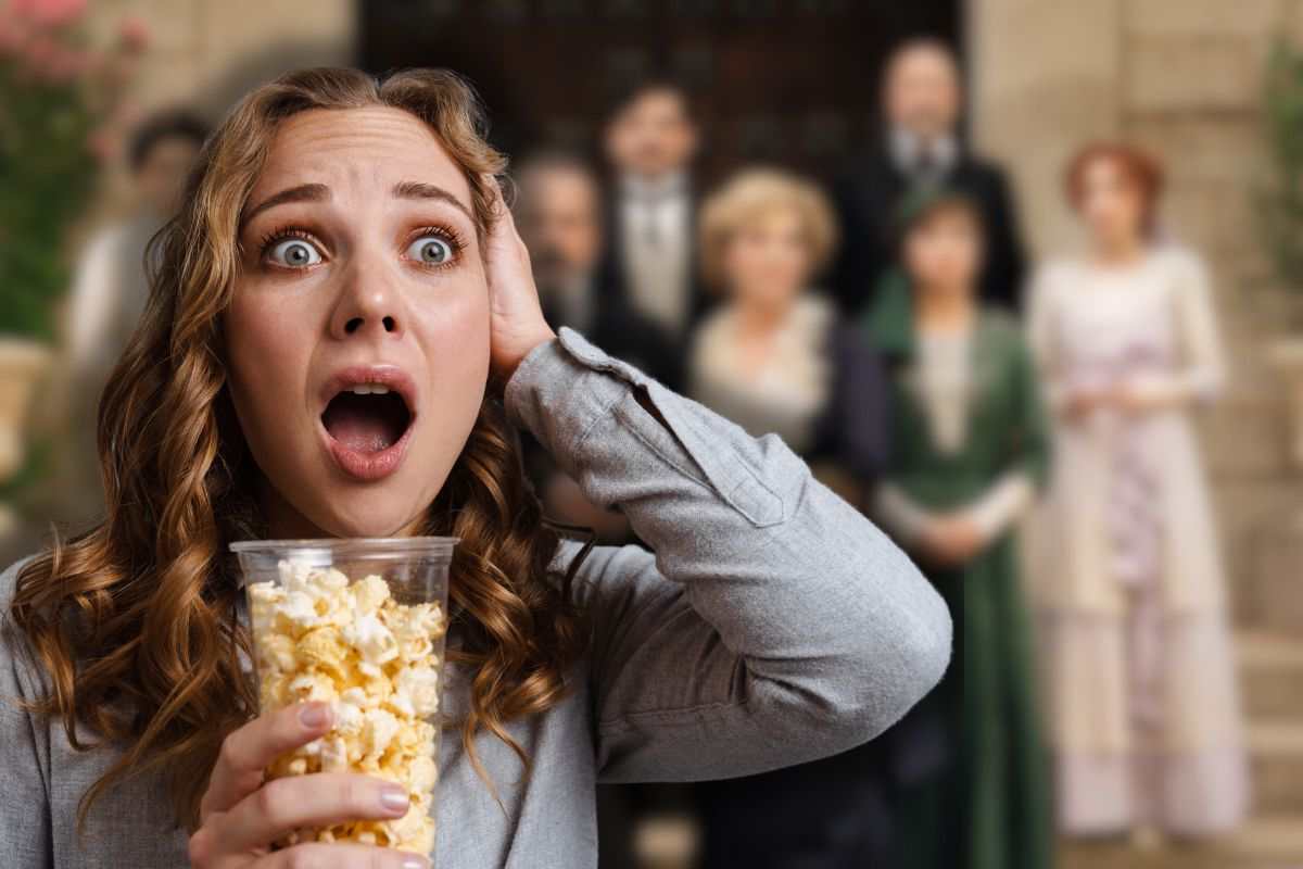 cast la promessa e donna sconvolta con pop corn in mano
