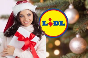 ragazza con regalo in mano, logo lidl e abero di natale sullo sfondo
