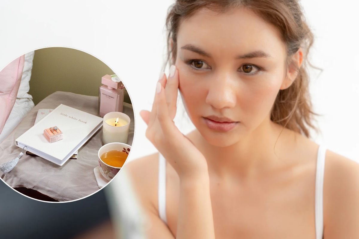 Donna applica crema viso e oggetti sul comodino